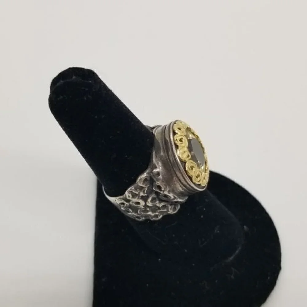 Golan Goldex YAM sterling silver ring with large yellow stone and 14 kt accent